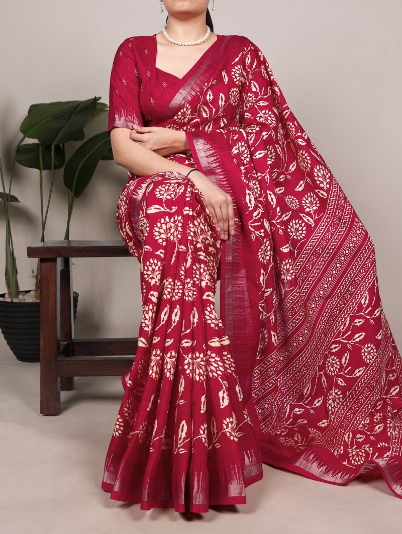 Ynf7214 Slub Silk Floral Printed With Zari Border Saree